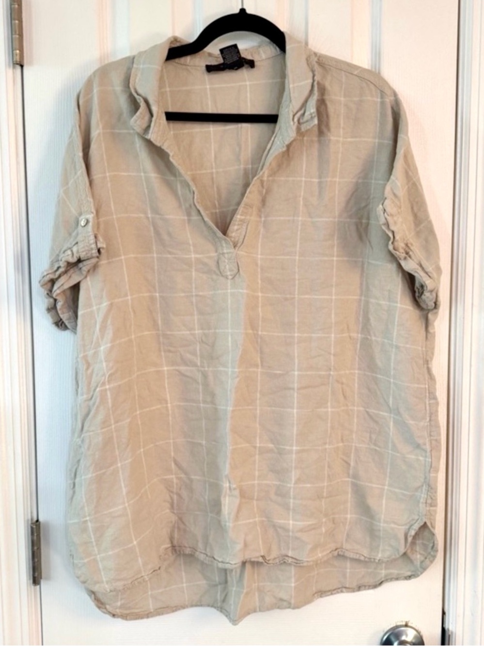 Tahari Womens 2X Taupe Linen Blend Windowpane Tunic Top Plus Size